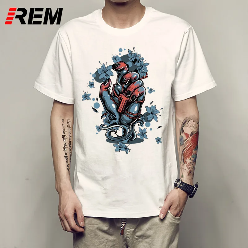 REM Mens Hand Print T shirt Fashion Cotton Men Brand