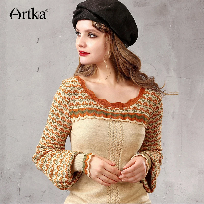 Kopen ARTKA Winter vrouwen Wollen Trui Jacquard Gebreide Trui Vrouwelijke Lantaarn Mouw Trui Ruche Trui Vrouwen Knitwear Y015155Q