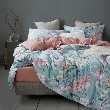 

Blue floral print grils bedding coverlets Luxury Egyptian cotton Satin queen size bedclothes home texitle pastoral bed linen