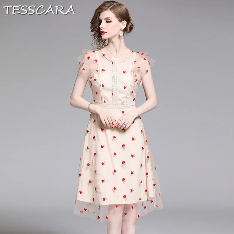 

TESSCARA Women Sweet Embroidery Mesh Dress Festa Female High Quality Flower Girl Robe Femme Designer Wedding Party Vestidos