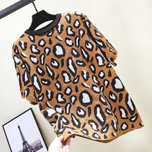 Весенняя Новинка Половина рукава футболка леопардовые свитеры с круглым воротником для отдыха Свободная, с короткими рукавами вязаные футболки пуловеры
