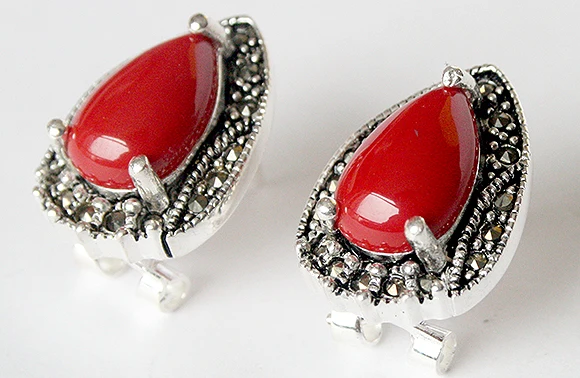 VINTAGE 925 STERLING SILVER RED CORAL MARCASITE STUD EARRINGS 15X19MM | Украшения и аксессуары