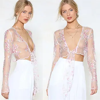 

2018 Fashion Sexy Women Long Sleeve See-through Sheer Mesh Flower Shirt Style Tee Top Deep V Neck Crop Top