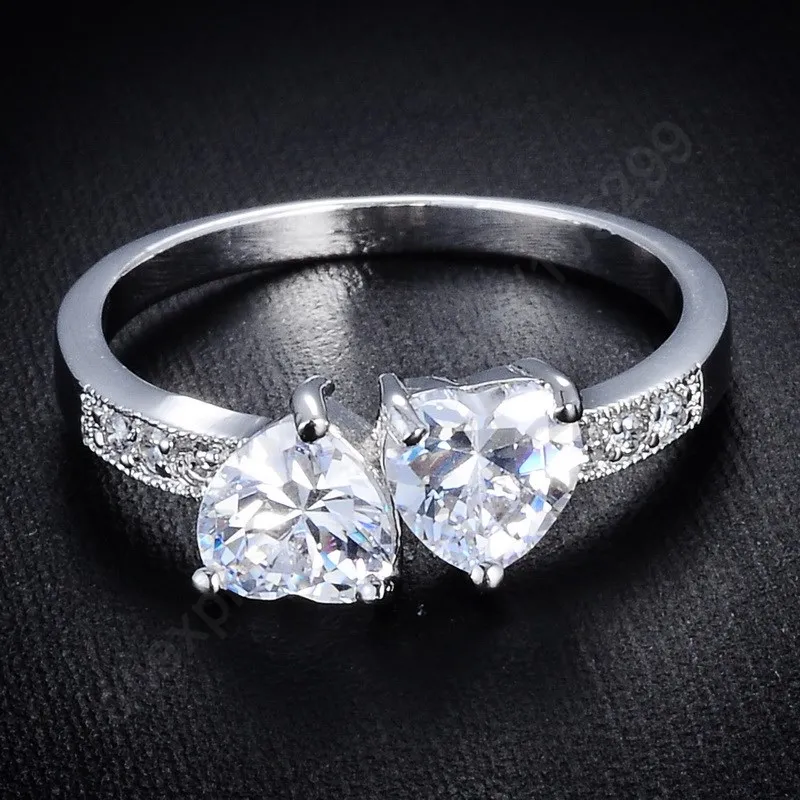 

Newest Luxury Doule Heart Cubic Zirconia Rings 925 Sterling Silver Jewelry Ring Women Trendy Party Gift US Size 7.8.9