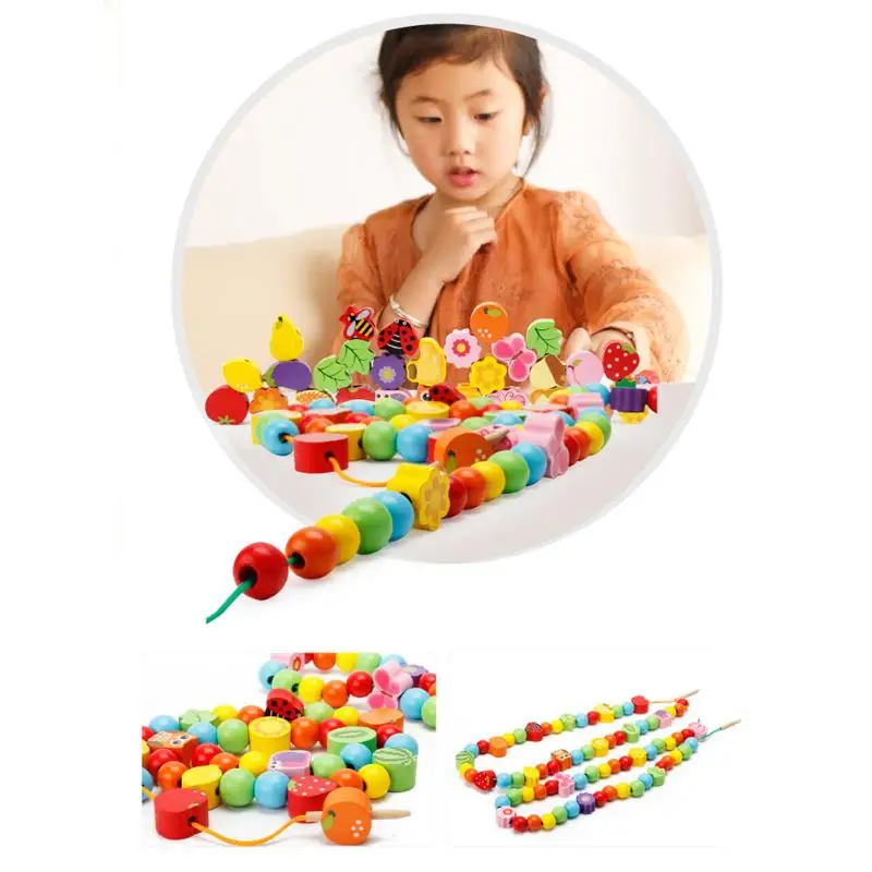 3D DIY Toy Wooden String Beads Fruit Tree Animal Colorful Baby Early Education Toy Kids Gift Montessori Stringing Beads