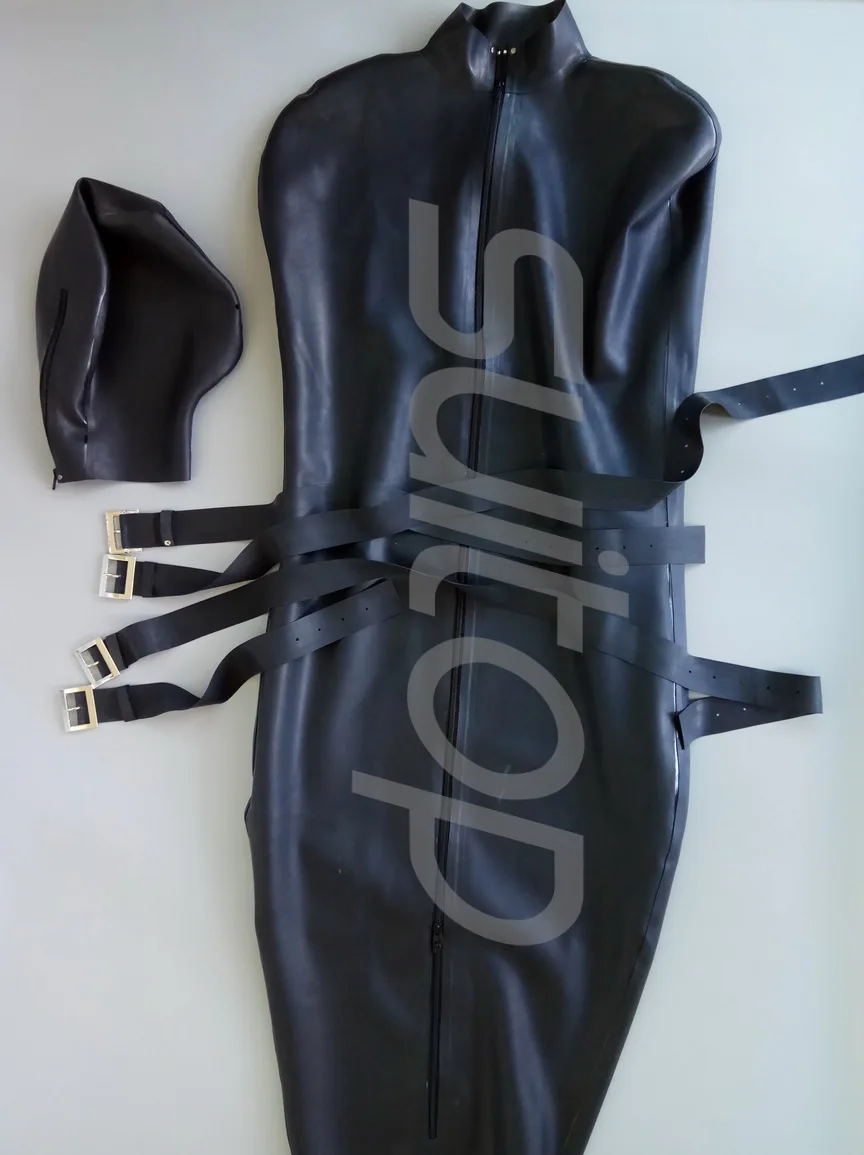 Hot Product  Heavy 0.8 mm Latex sleeping rubber bag catsuit including 4 belts and with arm pocket inside