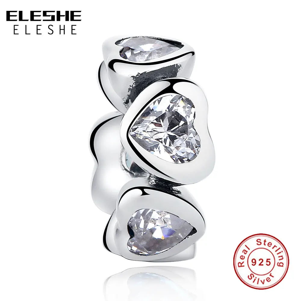 ELESHE Authentic 925 Sterling Silver Sparkling HEARTS SPACER Beads Charm Fit Original ELESHE Bracelet for Women DIY Jewelry
