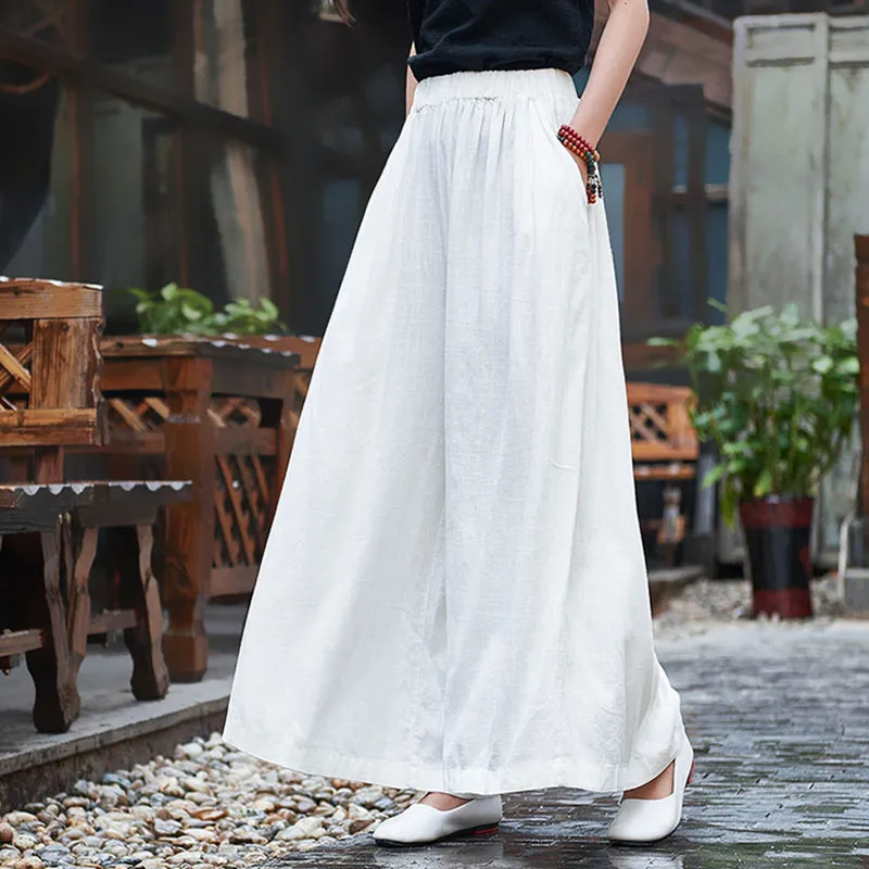 

New Style Cotton Linen Casual Solid Women Spring Summer Retro Linen Elastic Waist Female Wide Legs Pants