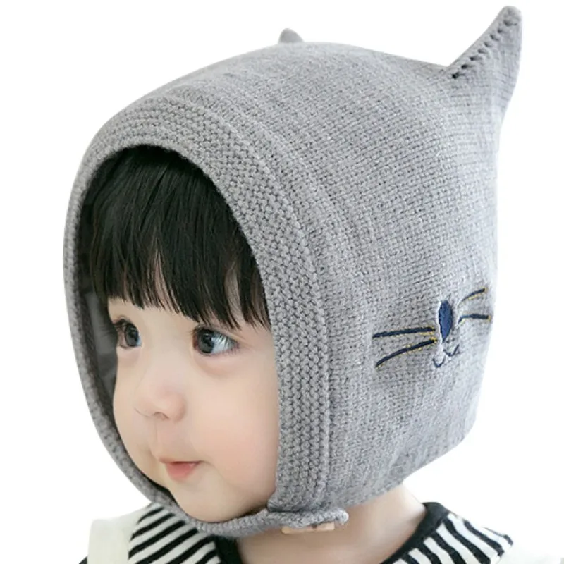 Вязаные шапки для маленьких мальчиков и девочек от 3 до 24 месяцев, милые кошачьи Шапки для малышей, хлопковая детская шапка, шапочка - Цвет: Серый