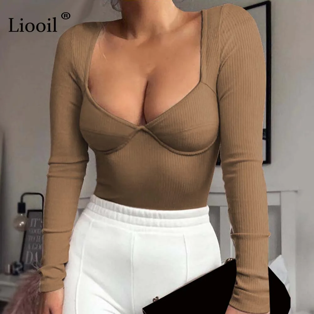 

Liooil Sexy Knit Bodysuits Bodycon Jumpsuits For Women 2019 Long Sleeve Deep V Neck Black Party Rompers Womens Jumpsuit Overalls