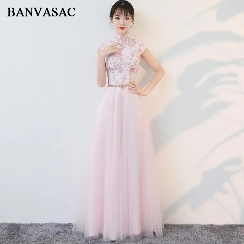 

BANVASAC 2018 Vintage High Neck Lace Flowers Embroidery Long Evening Dresses Party A Line Short Sleeve Crystal Sash Prom Gowns