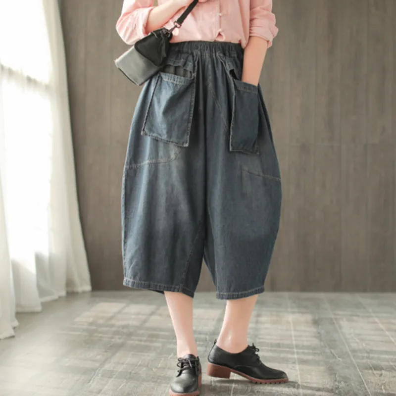 

Johnature 2019 Elastic Waist Loose Cotton Casual Pockets Denim Jeans Wide Leg Spring Summer New Ankle Length Denim Jeans