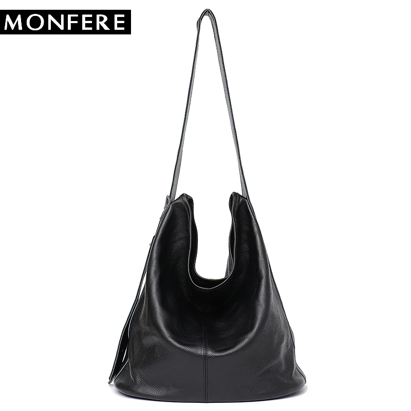 MONFERE Large Capacity Vintage Soft Real Genuine Leather Women Handbag Elegant Ladies Hobo ...
