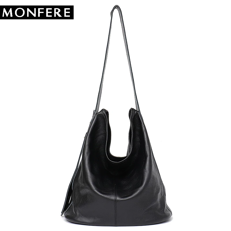 

MONFERE Large Capacity Vintage Soft Real Genuine Leather Women Handbag Elegant Ladies Hobo Shoulder Bag Messenger Purse Satchel