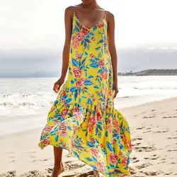 2019 новые модные женские туфли свободные летние пляжные Цветочный принт длиной макси Стиль платье с открытой спиной сарафан Boho Большие