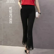 2018 Spring Summer Women’s Beaded Lace Ankle-length Flare Pants Elegant Slim High Waist Suit Pants Office Lady Pants Trouser