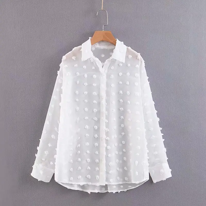 

Vintage Chic Fringed Polka Dot Appliques Loose Tops Women Shirts 2019 Fashion Semi-sheer Long Sleeve Blouses Casual Blusas Mujer