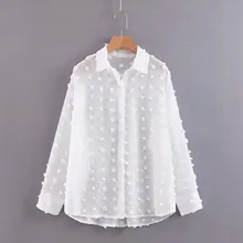Vintage Chic Fringed Polka Dot Appliques Loose Tops Women Shirts 2019 Fashion Semi-sheer Long Sleeve Blouses Casual Blusas Mujer fleece dot applique semi sheer top
