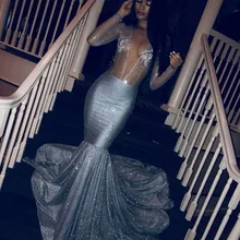 Сексуальные с глубоким v-образным вырезом блестящие серебристо-серые пайетки Русалка Выпускные платья с длинным рукавом суд Поезд Иллюзия африканские Официальные Вечерние платья