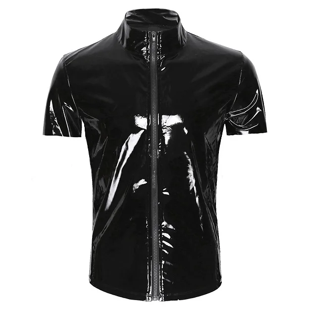 Black Sexy Slim Mens Patent Leather Short Sleeve Zipper Open T shirt ...