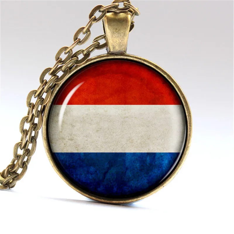 

27mm Round Pendant Necklace Retro Photo Netherlands Flag Glass Dome Silver & Bronze Chain Necklaces