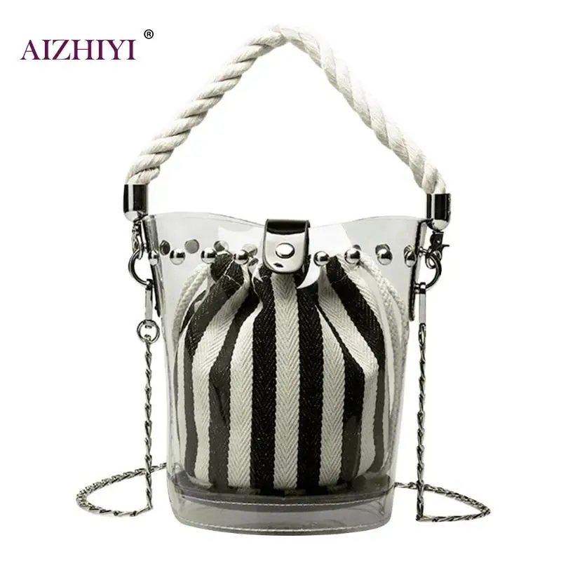 

Creative Women PVC Chain Crossbody Small Handbag Transparent Rivet Beach Shoulder Messenger Mini Round Transparent Bucket Bag
