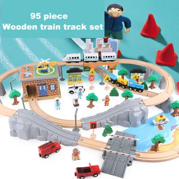 

95PCS Magnetic Wooden Diecast Train Track Set And Station Bridge Accessories Railway Model Toy Vehicles Toys for Children