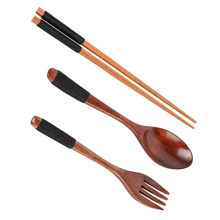 3 unids/set de cuchara de madera Natural hecha a mano japonesa Vintage respetuosa con el medio ambiente + tenedor + bolsa de tela regalo mesa de cena decoración regalo