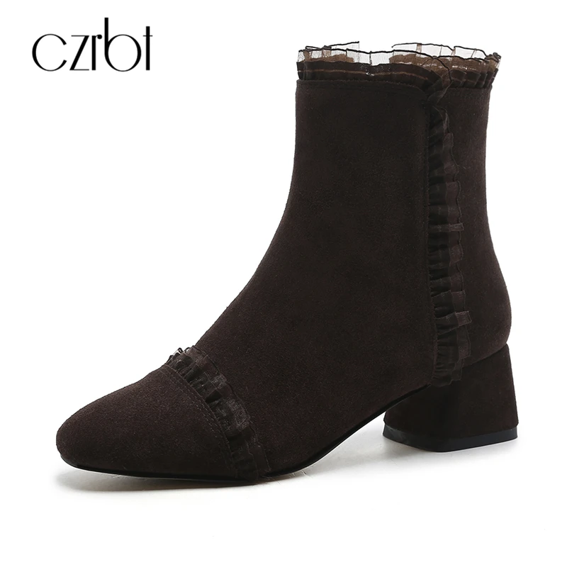 

CZRBT Lace Bordered Sexy High Heel Boots Women Cow Suede Leather Round Toe Thick Heel Ankle Boots Spring Autumn Women's Boots
