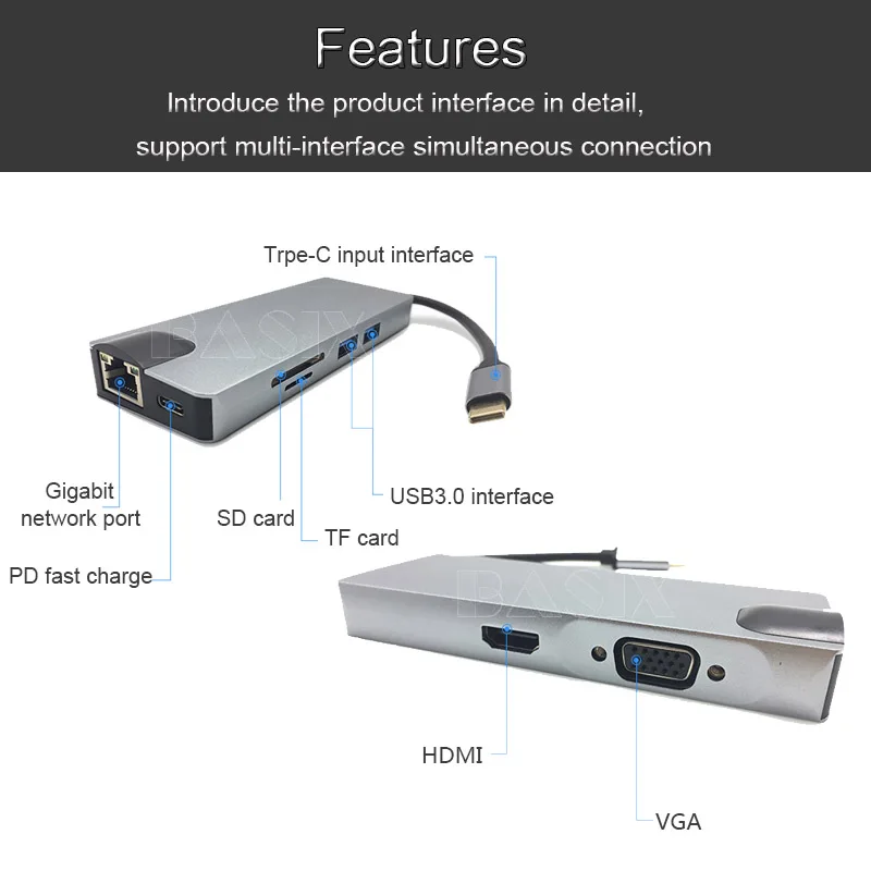 Концентратор Basix USB C для HDMI 4K 3 0 порт SD/TF кардридер VGA RJ45 Gigabit Ethernet Type концентратор