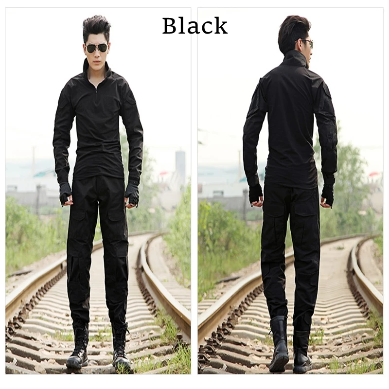 Black Tactical Uniform Men Outdoor Hiking Combat Shirt Pants Military