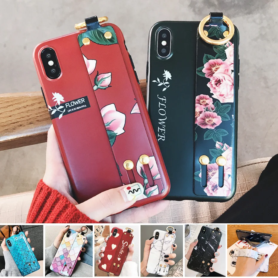 Beily Cute Case for iPhone XS Max XR X 8 7 6 6S Plus Marble Flower Kickstand Ring Holder Soft