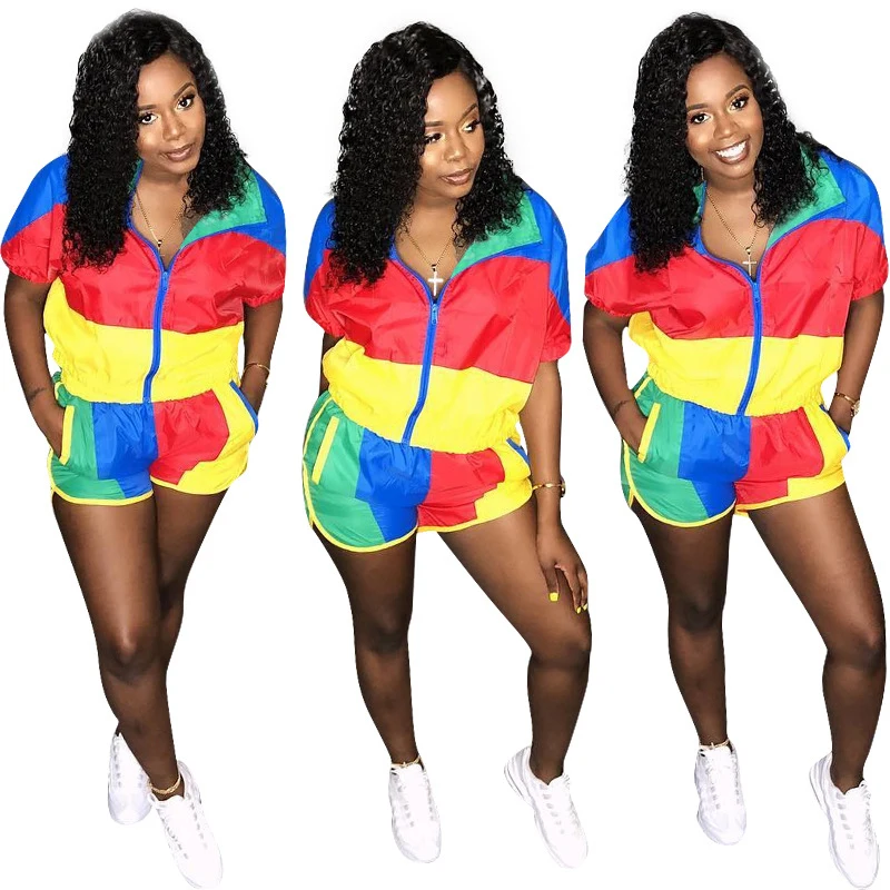 

2019 Summer Women Short Sleeve Zipper Up Shirt Shorts Two piece set splice outfits Casual Loose Streetwear Tracksuit 2 Pcs Set