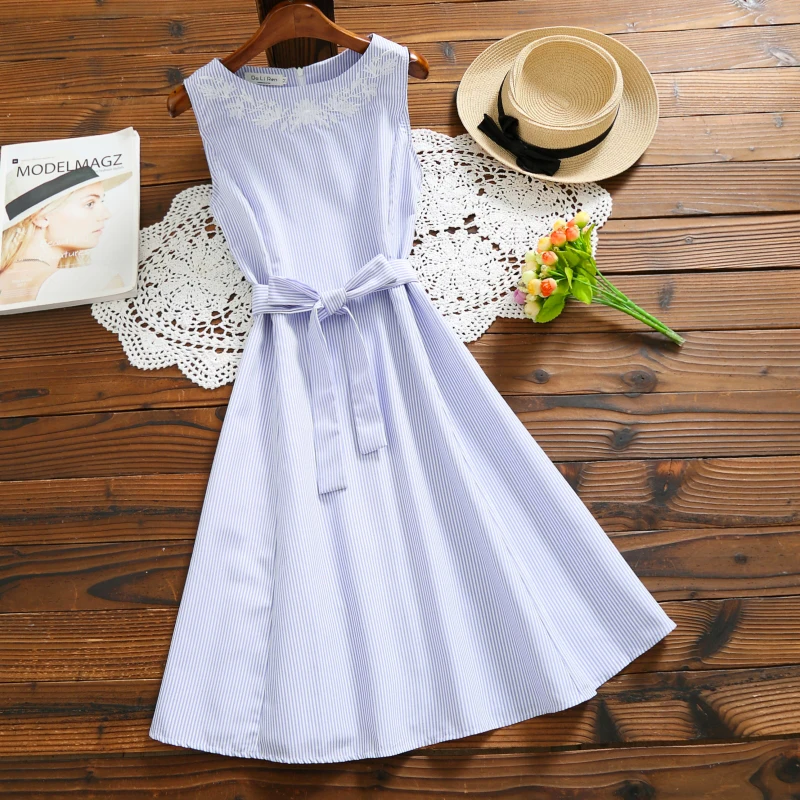 

Mori Girl Summer Women Cute Stripe Sundress O Neck Embroidery Sleeveless Casual Vestido De Festa Elegant Sweet Kawaii Mini Dress