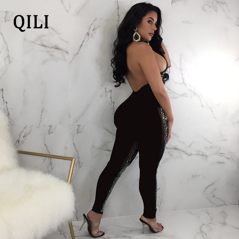 QILI Women Diamond Rhinestone Mesh Jumpsuits Tee Through Halter Sleeveless Backless Sexy Jumpsuit Nightclub Bodycon Jumpsuits