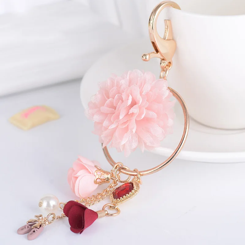 

2 Colors Cloth Rose Ball-flower Keychain Bag Pendant Car Ornaments Charm For Women Crystal Pearl Key Chain Buckle Key Ring Gifts