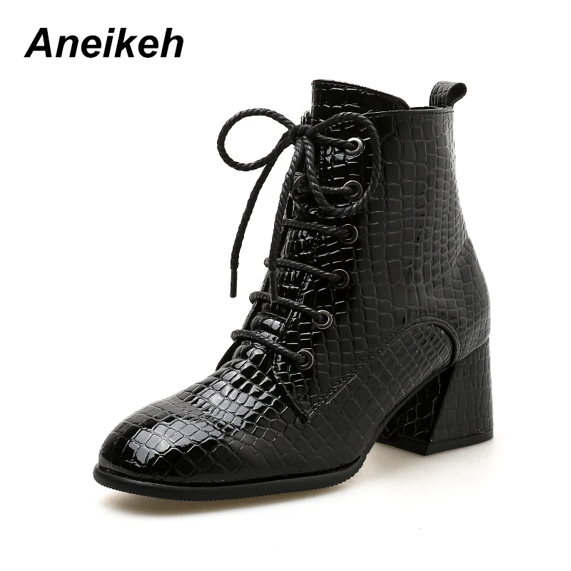 

Aneikeh Women's Shoes Square Heel Ladies Boots Fashion Lace Up Crocodile Pattern Middle Heel Woman Chelsea Boots Shoes