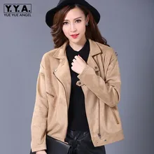 Весна Осень Новое замшевое пальто для женщин плюс размер брендовый отложной воротник свободный крой молния теплый короткий жакет женский серый хаки