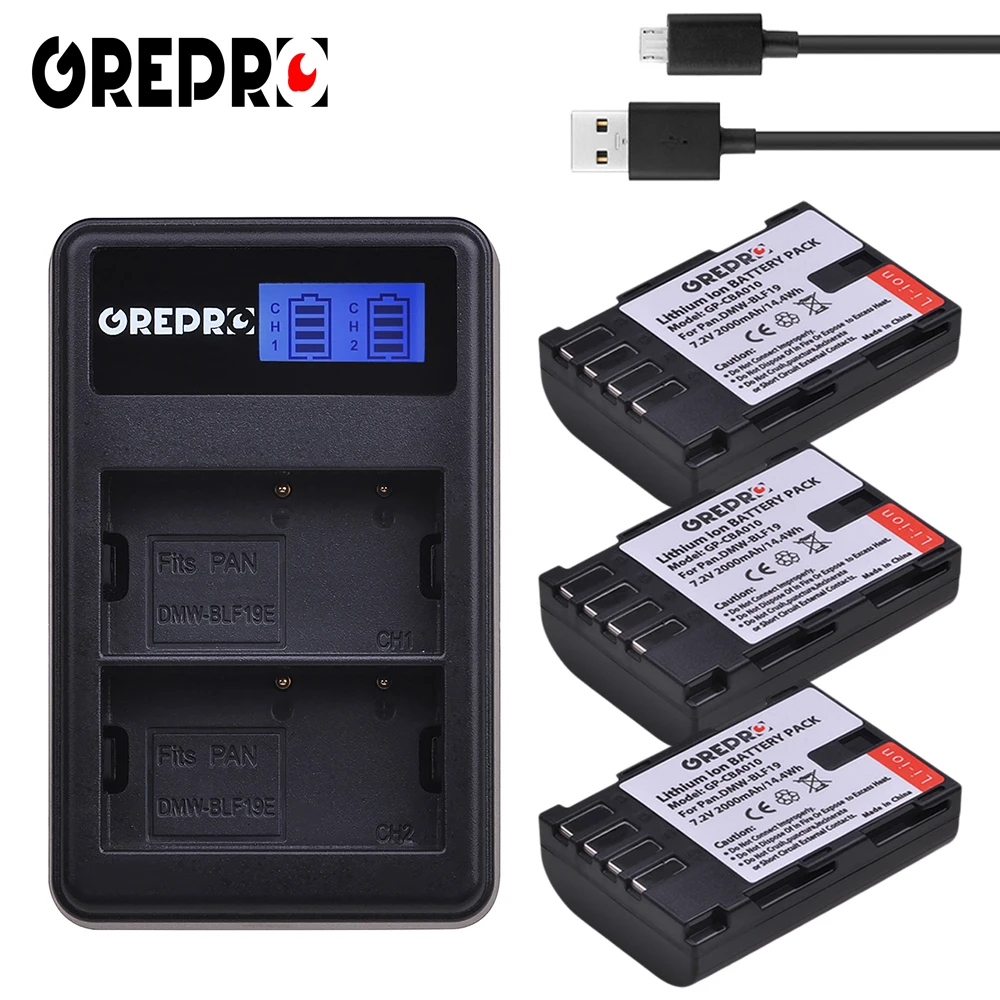 

GREPRO 3pcs 2000mAh DMW-BLF19 BLF19 DMWBLF19 BLF19E DMW-BLF19PP Camera Battery+LCD Charger for Panasonic Lumix G9 GH5 GH4 GH3
