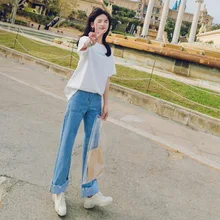 Повседневное офисные женские туфли расклешенные ноги широкие джинсы отбеленный, разорванный Высокая талия расклешенные брюки для девочек приклад