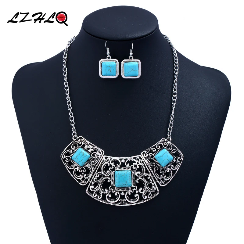 

LiuXSP Big Fashion Retro Geometric Alloy Hollow Synthetic Blue Stone Statement Necklace Women Jewelry Factory Direct Wholesale