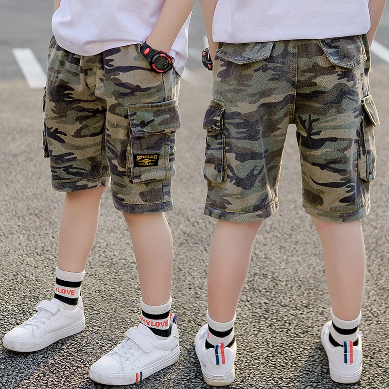 

2019 hot sale boys short 4-13 years old children's knee length pants Large pocket print camouflage cargo pants summer boys gift