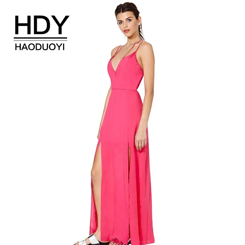 

HDY Haoduoyi Brand 2019 Sexy Pink Women Elegant Dresses Split Front Back Stripe Maxi Vetidos Lace Up Female Sweet Party Dresses