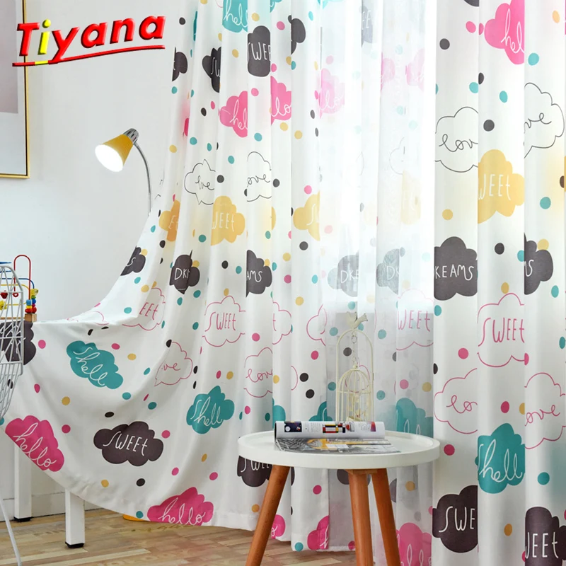 Window Curtain Living Room Cartoon Cloud Design Grommet Top Kids