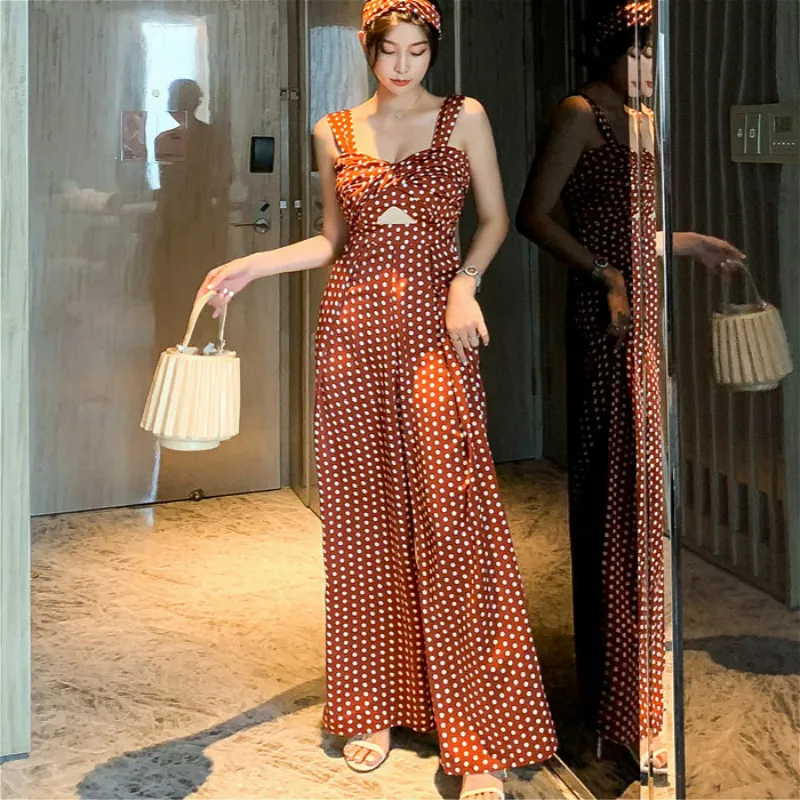 

2019 Women Summer Vintage Jumpsuit Polyester V-neck Full Length Hollow Out Sling Dot Jumpsuits with Pocket