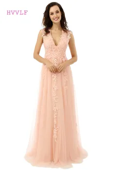 

HVVLF Pink Evening Dresses 2019 A-line V-neck Cap Sleeves Floor Length Tulle Lace Long Evening Gown Prom Dress Real Photo