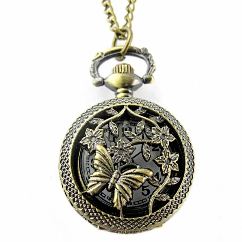

Cindiry Retro Bronze Pocket Quartz Watches Butterfly and Flower Openwork Cover Good-Looking P0.2