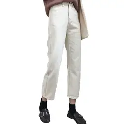 Корейская высокая талия широкие брюки джинсы для Для женщин прямые белые свободные Ropa Офисные женские туфли хлопок джинсы Femme дешевая