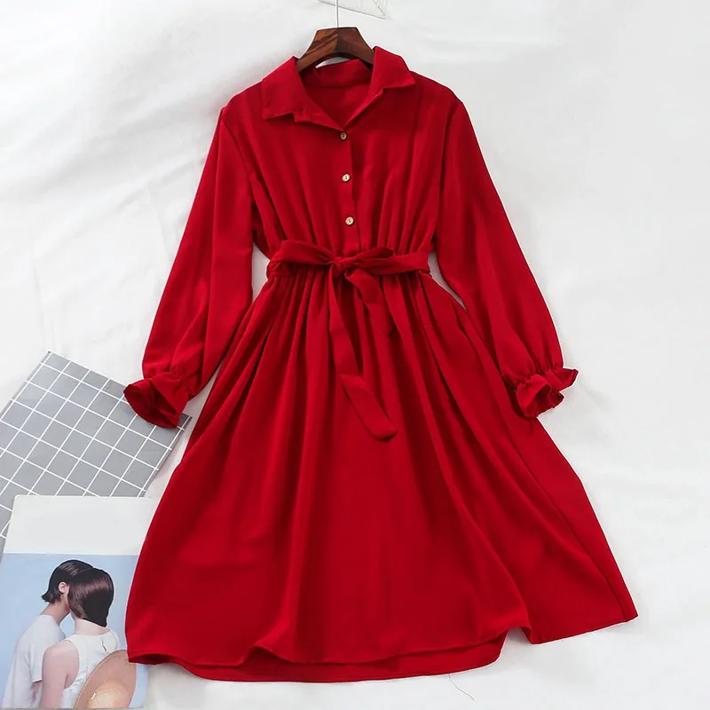 

Mferlier Summer Womens Dress Turn Down Collar Flare Sleeve High Waist Sashes Mori Girl Solid 6 Colors Chic Simple Shirt Dress