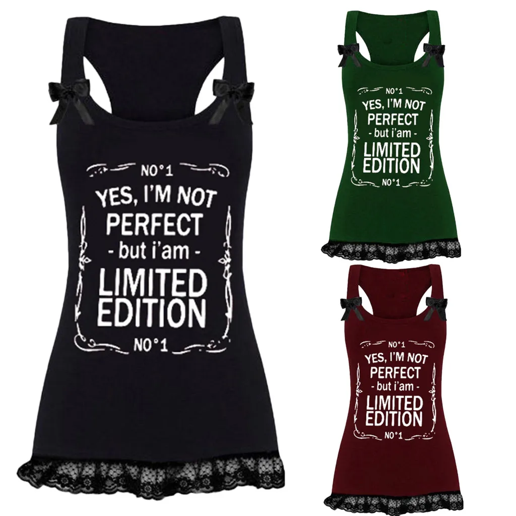 Women Cool Fashion Sexy Sleeveless Letters Print Lace Patchwork Cotton Tank Top Vetement Femme Hemdjes Topjes Women Tank Top